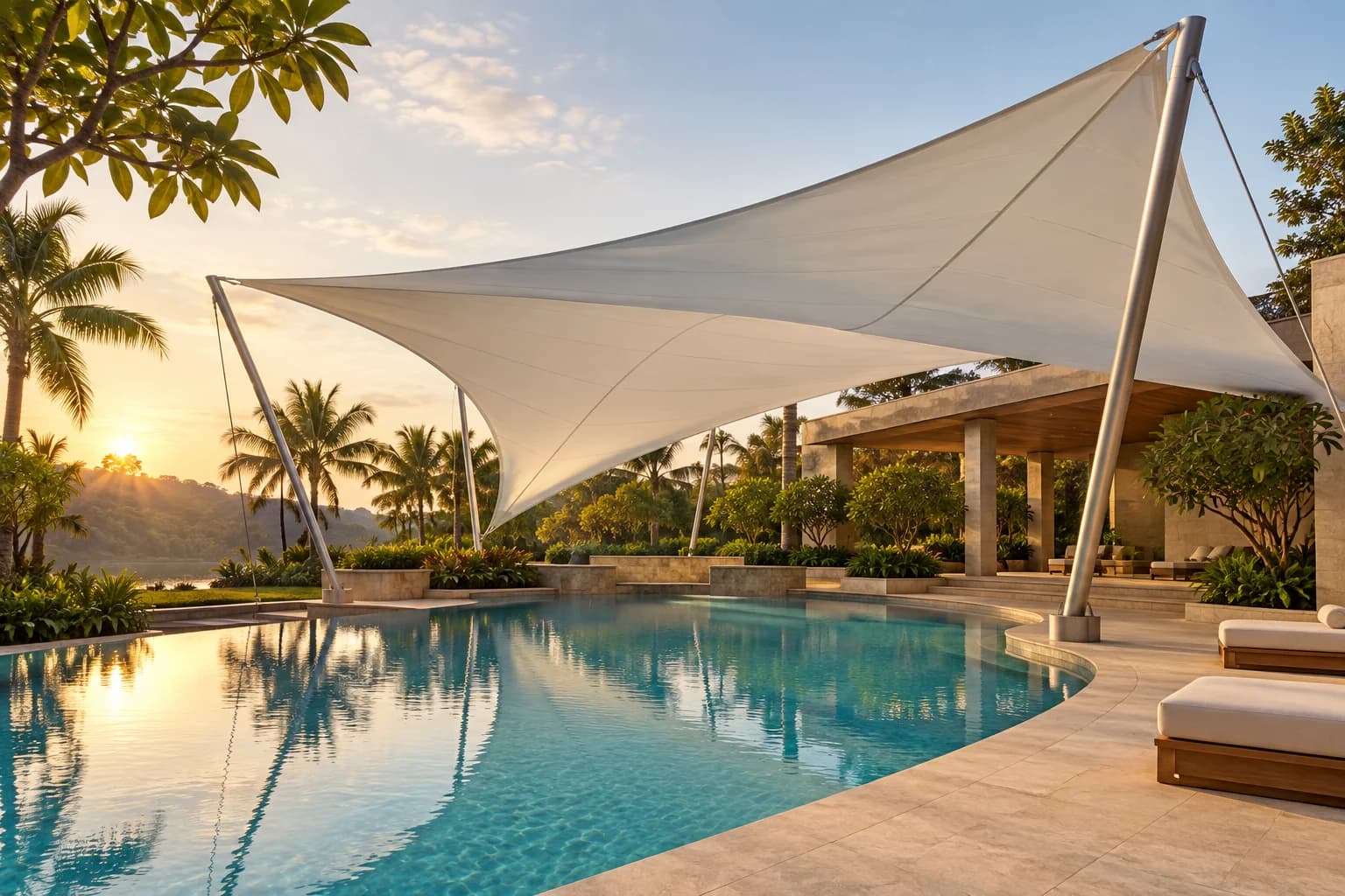 Resort pool beneath a tensile shade canopy, concept visual